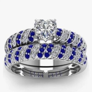 Double Row Full Set September Birthstone Blue Silver Wedding Engagement Ring 8